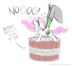 Size: 522x478 | Tagged: safe, artist:banebuster, imported from derpibooru, princess celestia, oc, oc:anon, alicorn, human, pony, series:tiny tia, adorable distress, bath, bath time, bucket, cewestia, crying, cute, female, filly, forced bathing, pink-mane celestia, simple background, tiny, tiny ponies, water, white background, younger