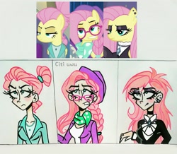 Size: 2453x2139 | Tagged: safe, alternate version, artist:citi, imported from derpibooru, screencap, fluttershy, human, fake it 'til you make it, alternate hairstyle, eyeshadow, fluttergoth, glasses, hair bun, hipstershy, humanized, makeup, scene interpretation, screencap reference, severeshy