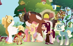 Size: 1280x808 | Tagged: safe, artist:vintagefeline, imported from derpibooru, fluttershy, trouble shoes, troubleshoes clyde, oc, oc:meadowlark, oc:olive laurel, oc:rosefinch, oc:toadstool, earth pony, pegasus, pony, alternate cutie mark, alternate design, bomber jacket, cap, clothes, colored hooves, colt, eyes closed, family, feathered fetlocks, female, fluttershy's cottage, hat, jacket, male, mare, nuzzling, offspring, parent:fluttershy, parent:trouble shoes, parent:troubleshoes clyde, parents:troubleshy, shipping, size difference, stallion, straight, troubleshy, unshorn fetlocks