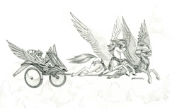 Size: 1500x916 | Tagged: safe, artist:baron engel, imported from derpibooru, apple bloom, oc, earth pony, pegasus, pony, chariot, female, filly, flying, goggles, monochrome, pencil drawing, story included, traditional art