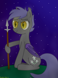 Size: 3016x4032 | Tagged: safe, artist:rainbowšpekgs, imported from derpibooru, oc, oc only, oc:midnight blossom, bat pony, pony, series:bringing back obscure ponies from the past, bat pony oc, bat wings, female, grass, mare, night, night guard, sitting, smiling, solo, spear, stars, weapon, wings