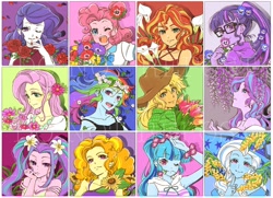 Size: 2048x1481 | Tagged: safe, artist:5mmumm5, imported from derpibooru, adagio dazzle, applejack, aria blaze, fluttershy, pinkie pie, rainbow dash, rarity, sci-twi, sonata dusk, starlight glimmer, sunset shimmer, trixie, twilight sparkle, equestria girls, alternate hairstyle, bust, cute, female, floral head wreath, flower, flower in hair, flower in mouth, hibiscus, humane five, humane nine, humane seven, humane six, lavender, lily (flower), looking at you, mimosa, mouth hold, one eye closed, open mouth, rose, sunflower, the dazzlings, tulip, wink