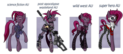 Size: 2799x1235 | Tagged: safe, artist:j053ph-d4n13l, imported from derpibooru, fizzlepop berrytwist, tempest shadow, oc, oc only, oc:fizzlepop berryfield, oc:shadow temptress, oc:techno shadow, oc:tempest stormblast, cyborg, pony, robot, robot pony, unicorn, alternate hairstyle, alternate universe, amputee, armor, belt, broken horn, choker, cigarette, clothes, commission, corset, eye scar, female, fishnets, goggles, grenade, gun, handgun, hat, holster, horn, jacket, knife, mare, mask, missing cutie mark, one eye closed, pistol, post-apocalyptic, pouch, prosthetic limb, prosthetics, radio, raised hoof, rifle, scar, simple background, smoke, smoking, sniper rifle, solo, spiked choker, stockings, superhero, thigh highs, transparent background, weapon, wink