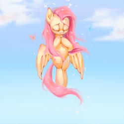 Size: 2048x2048 | Tagged: safe, artist:annie39367262, imported from derpibooru, fluttershy, butterfly, pegasus, pony, cloud, cute, eyes closed, female, flower, flying, high res, mare, shyabetes, sky, solo, spread wings, wings