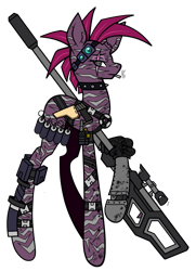 Size: 749x1035 | Tagged: safe, artist:j053ph-d4n13l, imported from derpibooru, fizzlepop berrytwist, tempest shadow, oc, oc only, oc:tempest stormblast, cyborg, pony, unicorn, alternate hairstyle, alternate universe, belt, broken horn, choker, cigarette, commission, eye scar, female, goggles, grenade, gun, handgun, holster, horn, knife, mare, missing cutie mark, pistol, post-apocalyptic, pouch, raised hoof, rifle, scar, simple background, smoke, smoking, sniper rifle, solo, spiked choker, transparent background, weapon