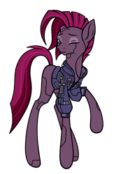 Size: 663x1018 | Tagged: safe, artist:j053ph-d4n13l, imported from derpibooru, fizzlepop berrytwist, tempest shadow, oc, oc only, oc:techno shadow, pony, robot, robot pony, unicorn, alternate hairstyle, alternate universe, broken horn, clothes, commission, eye scar, female, horn, jacket, mare, one eye closed, raised hoof, roboticization, scar, simple background, solo, transparent background, wink