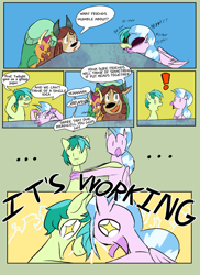 Size: 947x1300 | Tagged: safe, artist:skunkstripe, imported from derpibooru, sandbar, silverstream, smolder, yona, dragon, earth pony, hippogriff, pony, yak, ..., comic, dialogue, drool, dumb yung-six comics, exclamation point, headbutt, implied shipping, literal, silly, silly pony, sleeping, speech bubble, starry eyes, taking things literally, thinking, wingding eyes, word balloon