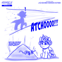 Size: 1024x1024 | Tagged: safe, artist:jcosneverexisted, imported from derpibooru, king sombra, princess flurry heart, ray, pony, the beginning of the end, angry, ash, baby, burned, cartoon physics, comic, dialogue, female, filly, foal, magic, male, season 9 doodles, sneezing