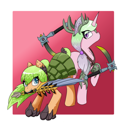 Size: 1200x1200 | Tagged: artist needed, safe, artist:backgroundpony#f352, imported from derpibooru, dauntless, oc, oc only, oc:crystal blade, oc:green envy, earth pony, pony, unicorn, abstract background, armor, chain blades, dauntless (video game), duo, simple background, sword, weapon