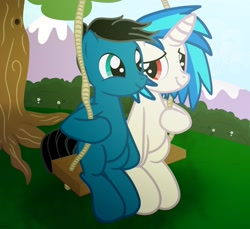 Size: 2048x1877 | Tagged: safe, artist:agkandphotomaker2000, imported from derpibooru, dj pon-3, vinyl scratch, oc, oc:pony video maker, pegasus, pony, unicorn, bush, canon x oc, female, hill, looking at each other, male, pegasus oc, rope, shipping, show accurate, straight, swing, tree, videoscratch, wings, wood