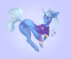 Size: 4000x3314 | Tagged: safe, artist:sukiskuki, imported from derpibooru, trixie, pony, unicorn, alternate hairstyle, babysitter trixie, butt, clothes, female, hoodie, mare, plot, solo