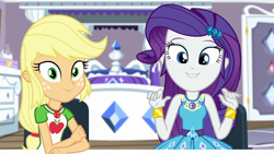 Size: 1280x720 | Tagged: safe, imported from derpibooru, screencap, applejack, rarity, camping must-haves, equestria girls, equestria girls series, spoiler:eqg series (season 2), bracelet, clothes, cute, female, geode of shielding, geode of sugar bombs, geode of super strength, jewelry, looking at you, magical geodes, open mouth, raribetes, rarity peplum dress, shirt, sleeveless, smiling, smiling at you