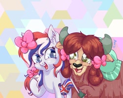 Size: 900x720 | Tagged: safe, artist:avui, imported from derpibooru, yona, oc, oc:britannia (uk ponycon), earth pony, pony, yak, bow, cloven hooves, cute, female, hair bow, monkey swings, united kingdom, yonadorable, yoona