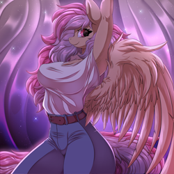 Size: 5000x5000 | Tagged: safe, alternate version, artist:ask-colorsound, imported from derpibooru, oc, oc only, oc:cotton seams, anthro, pegasus, absurd resolution, arms in the air, belt, breasts, cleavage, clothes, commission, detailed background, female, jeans, looking at you, mare, pants, pegasus oc, shirt, solo, solo female, t-shirt, wings, ych result