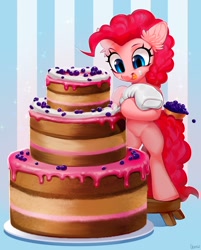 Size: 1500x1868 | Tagged: safe, artist:vensual99, imported from derpibooru, pinkie pie, earth pony, pony, bipedal, blueberry, cake, cute, diapinkes, ear fluff, female, food, frosting, hoof hold, icing bag, mare, solo, stool, tongue out