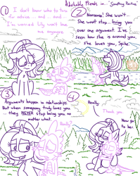 Size: 4779x6013 | Tagged: safe, artist:adorkabletwilightandfriends, imported from derpibooru, spike, starlight glimmer, dragon, pony, unicorn, comic:adorkable twilight and friends, adorkable, adorkable friends, advice, butt, character development, comic, crying, cute, dimples, dimples of venus, dork, female, forest, friendship, helpful, hug, lake, love, male, mare, nature, outdoors, plot, reassurance, relationship, relationships, sitting, slice of life, support, wingding eyes