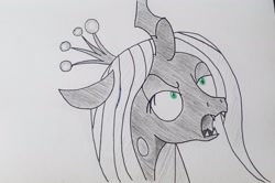 Size: 2048x1361 | Tagged: safe, artist:polar_storm, imported from derpibooru, queen chrysalis, changeling, changeling queen, angry, bust, crown, fangs, female, green eyes, jewelry, mare, monochrome, neo noir, partial color, regalia, simple background, sketch, solo, traditional art, white background