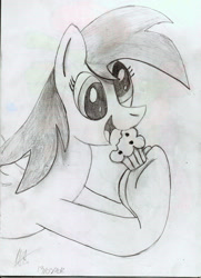 Size: 870x1200 | Tagged: safe, artist:almaustral, imported from derpibooru, derpy hooves, pegasus, pony, bust, eyelashes, female, food, grayscale, hoof hold, mare, monochrome, muffin, open mouth, smiling, solo, traditional art