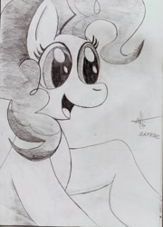 Size: 863x1200 | Tagged: safe, artist:almaustral, imported from derpibooru, pinkie pie, earth pony, pony, bust, eyelashes, female, grayscale, mare, monochrome, open mouth, signature, smiling, solo, traditional art