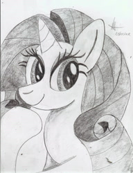 Size: 851x1109 | Tagged: safe, artist:almaustral, imported from derpibooru, rarity, pony, unicorn, bust, eyelashes, female, grayscale, mare, monochrome, signature, smiling, solo, traditional art