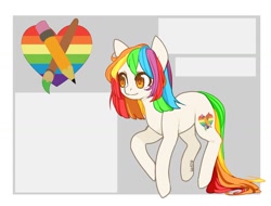 Size: 1280x975 | Tagged: safe, artist:helemaranth, imported from derpibooru, oc, oc only, earth pony, pony, abstract background, earth pony oc, heart, multicolored hair, paintbrush, pencil, rainbow hair, signature, solo