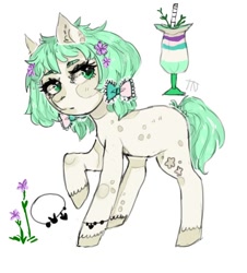 Size: 520x574 | Tagged: safe, artist:helemaranth, imported from derpibooru, oc, oc only, earth pony, pony, bow, cup, drink, earth pony oc, flower, flower in hair, hair bow, jewelry, looking back, necklace, raised hoof, reference sheet, simple background, solo, white background