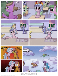 Size: 1200x1552 | Tagged: safe, artist:deusexequus, imported from derpibooru, cozy glow, pegasus, pony, comic:fix, bully, cafeteria, censored vulgarity, classroom, cloud, comic, eat, female, fight, filly, grawlixes, paper, pure concentrated unfiltered evil of the utmost potency, pure unfiltered evil, pushing, school, stealing, tray