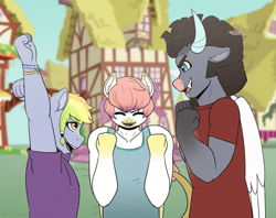 Size: 2524x1998 | Tagged: safe, artist:hahyh, imported from derpibooru, oc, oc only, oc:chaos rain, oc:cheer lily, oc:lemon quartz, anthro, magical gay spawn, magical lesbian spawn, male, next generation, offspring, parent:discord, parent:fluttershy, parent:iron will, parent:limestone pie, parent:pinkie pie, parent:rainbow dash, parents:flutterpie, parents:ironcord, parents:limedash, ponyville, trio