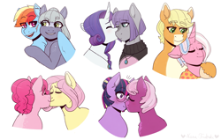 Size: 7477x4766 | Tagged: safe, artist:hahyh, imported from derpibooru, applejack, cheerilee, clear sky, fluttershy, limestone pie, maud pie, pinkie pie, rainbow dash, rarity, twilight sparkle, earth pony, pony, unicorn, absurd resolution, alternate hairstyle, bust, cheerilight, clearjack, crack shipping, duo, female, flutterpie, hug, kiss on the lips, kissing, lesbian, limedash, mare, rarimaud, shipping, short mane, simple background, white background, winghug