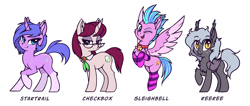 Size: 2350x1000 | Tagged: safe, artist:shydale, imported from derpibooru, oc, oc only, oc:checkbox, oc:reeree, oc:sleighbell, oc:startrail, oc:vox populi, bat pony, pegasus, pony, unicorn, bat pony oc, bat wings, bell, bell collar, butt freckles, chest fluff, clothes, coat markings, collar, dappled, fangs, female, femboy, freckles, glasses, male, mare, multiple characters, simple background, socks, socks (coat marking), socks (coat markings), spots, stallion, striped socks, white background, wings