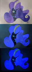 Size: 750x1688 | Tagged: safe, artist:brisineo, imported from derpibooru, nightmare rarity, pony, unicorn, glow in the dark, glowing eyes, glowing mane, jewelry, regalia, simple background, smiling, solo, traditional art