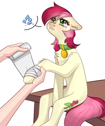 Size: 2500x3000 | Tagged: safe, artist:chibadeer, imported from derpibooru, roseluck, human, pony, bandage, behaving like a cat, broken vase, collar, commissioner:doom9454, crying, cute, fluffy, hand, pet tag, pony pet, rosepet, sad, sadorable, sitting