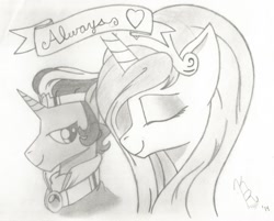 Size: 1280x1031 | Tagged: safe, idw, king sombra, princess celestia, alicorn, unicorn, celestibra, female, good king sombra, male, shipping, signature, straight, traditional art