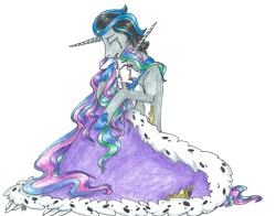 Size: 1024x803 | Tagged: safe, artist:fountainstranger, idw, king sombra, princess celestia, cape, celestibra, clothes, crown, crying, female, good king sombra, hug, jewelry, male, missing accessory, regalia, shipping, straight