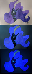 Size: 2000x4500 | Tagged: safe, artist:brisineo, nightmare rarity, unicorn, comparison, glow in the dark, glowing eyes, glowing mane, jewelry, regalia, simple background, smiling, solo, traditional art