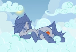 Size: 1280x889 | Tagged: safe, artist:jennieoo, imported from derpibooru, oc, oc only, oc:rumble cross, pegasus, pony, background, cloud, cute, female, mare, on a cloud, show accurate, sleeping, sleeping on a cloud, solo, sweet