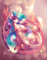 Size: 1600x2039 | Tagged: safe, artist:sweetlynight, imported from derpibooru, princess celestia, alicorn, pony, cloud, female, flying, horn, leonine tail, looking at you, mare, missing accessory, smiling, solo, spread wings, stars, sun, unshorn fetlocks, wings