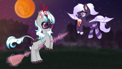 Size: 6000x3375 | Tagged: safe, artist:windy-pony, artist:windykirin, imported from derpibooru, oc, oc:proxi, oc:windshear, bat pony, kirin, pony, absurd resolution, bat pony oc, bat wings, broom, clothes, duo, female, flying, flying broomstick, food, glasses, kirin oc, mare, moon, night, popcorn, socks, striped socks, tree, wings