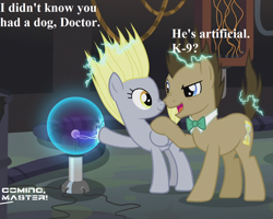 Size: 1350x1080 | Tagged: safe, edit, edited screencap, imported from derpibooru, screencap, derpy hooves, doctor whooves, time turner, slice of life (episode), cropped, dialogue, doctor who, doctor whooves' lab, implied k-9, offscreen character, plasma ball