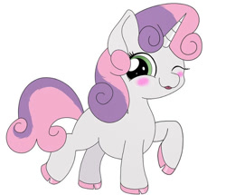 Size: 750x645 | Tagged: safe, artist:orcinuspony, imported from derpibooru, sweetie belle, pony, unicorn, :p, blank flank, blush sticker, blushing, cloven hooves, colored hooves, cute, female, filly, horn, mlem, one eye closed, raised hoof, silly, simple background, smiling, solo, tongue out, white background, wink