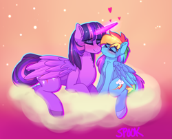 Size: 1611x1304 | Tagged: safe, artist:aaa-its-spook, imported from derpibooru, rainbow dash, twilight sparkle, alicorn, pegasus, abstract background, backwards cutie mark, blushing, cloud, eyes closed, female, heart, imminent kissing, lesbian, nuzzling, shipping, size difference, twidash, twilight sparkle (alicorn)