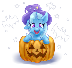 Size: 4184x3952 | Tagged: safe, artist:nedemai, imported from derpibooru, trixie, pony, unicorn, absurd resolution, halloween, holiday, jack-o-lantern, nightmare night, one ear down, pumpkin, solo