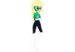 Size: 1280x895 | Tagged: safe, artist:chanyhuman, imported from derpibooru, applejack, equestria girls, boots, clothes, cosplay, costume, dc superhero girls, gloves, green lantern, motorcross, shoes, simple background, solo, transparent background