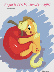 Size: 1200x1600 | Tagged: safe, artist:nucke23, imported from derpibooru, applejack, oc, earth pony, pony, 4chan, apple, cute, drawthread, f, female, food, giant apple, hug, jackabetes, mare, meme, nucke23, one eye closed, open mouth, shrek is love shrek is life, solo, that pony sure does love apples