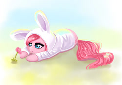 Size: 1000x696 | Tagged: safe, artist:valeria_fills, imported from derpibooru, pinkie pie, earth pony, pony, animal costume, bunny costume, clothes, costume, digital art, female, flower, kigurumi, lying down, mare, pinkamena diane pie, solo, tail, tired