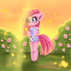 Size: 1000x1000 | Tagged: safe, artist:valeria_fills, imported from derpibooru, pinkie pie, earth pony, pony, semi-anthro, bipedal, bush, clothes, digital art, female, flower, hooves, mare, pinkamena diane pie, solo, tail