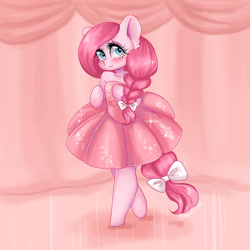 Size: 1000x1000 | Tagged: safe, artist:valeria_fills, imported from derpibooru, pinkie pie, earth pony, semi-anthro, blushing, clothes, commission, digital art, dress, female, looking at you, mare, pinkamena diane pie, solo, tail, ych result