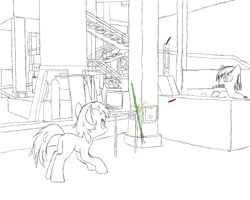 Size: 1280x1024 | Tagged: safe, imported from derpibooru, pony, factory, laser sword, lightsaber, lineart, star wars, weapon