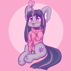 Size: 800x800 | Tagged: safe, artist:valeria_fills, imported from derpibooru, twilight sparkle, butterfly, pony, unicorn, :p, blushing, butterfly on horn, clothes, commission, cute, cutie mark, digital art, female, hooves, horn, mare, simple background, solo, sweater, tail, tongue out, unicorn twilight