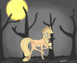 Size: 2293x1873 | Tagged: safe, artist:kamikazelenna, imported from derpibooru, applejack, earth pony, pony, dark background, female, fog, full moon, halloween, holiday, lantern, mare, moon, moonlight, night, realistic anatomy, realistic horse legs, tree